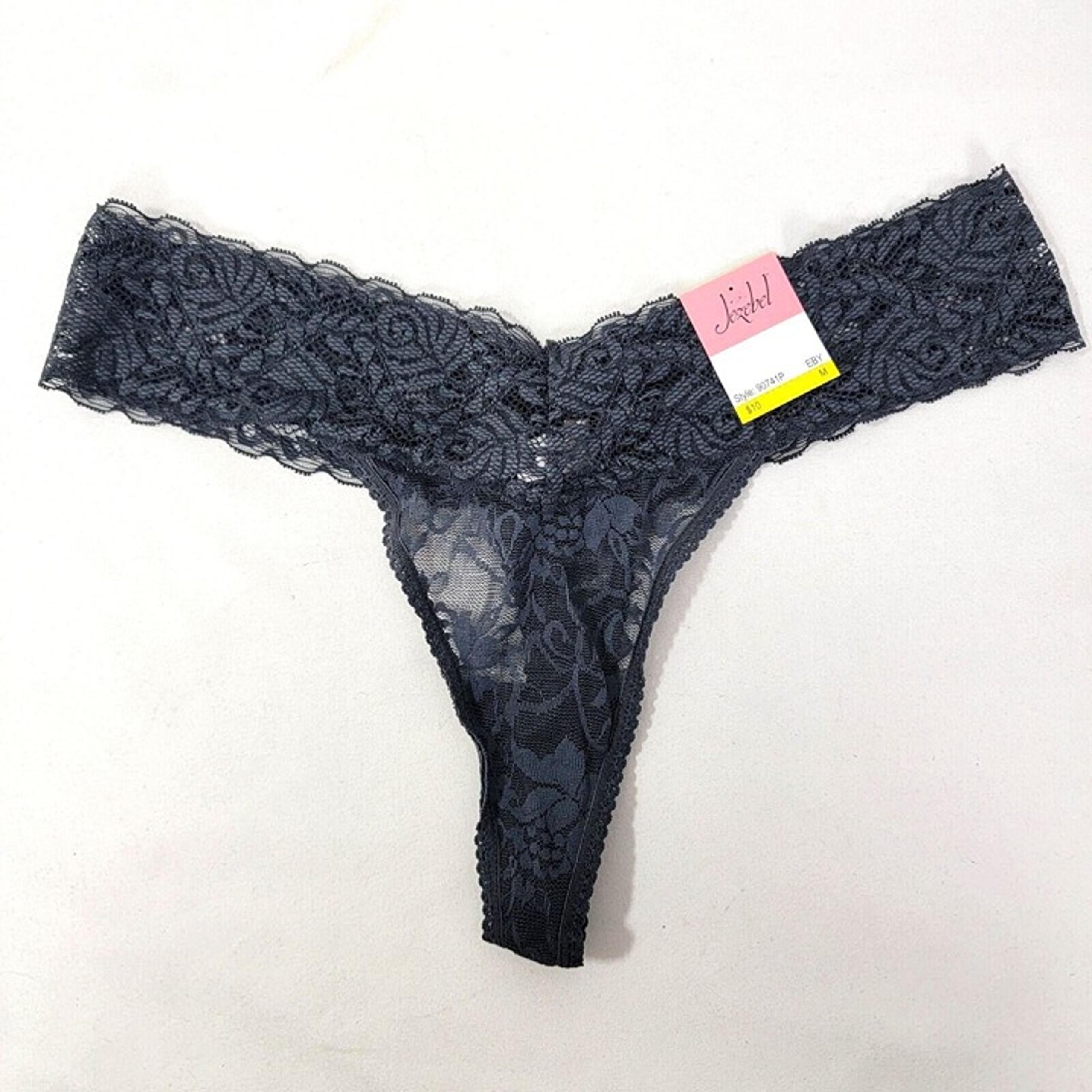 Jezebel Women's gray Women's Lace Thong Size M Medium NEW sheer 92%  nylon