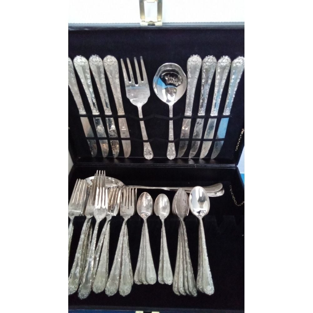 Vintage Ornate Silver-Plated Flatware Set with Storage Case Dining Service for 8