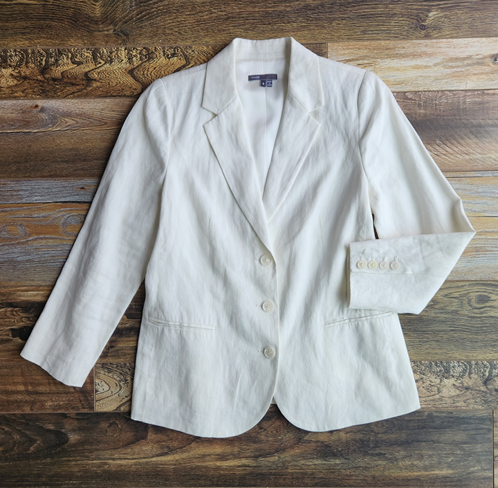 VINCE Linen Blend 3-Button Single Breast Blazer Lined Pocket White Women's 8