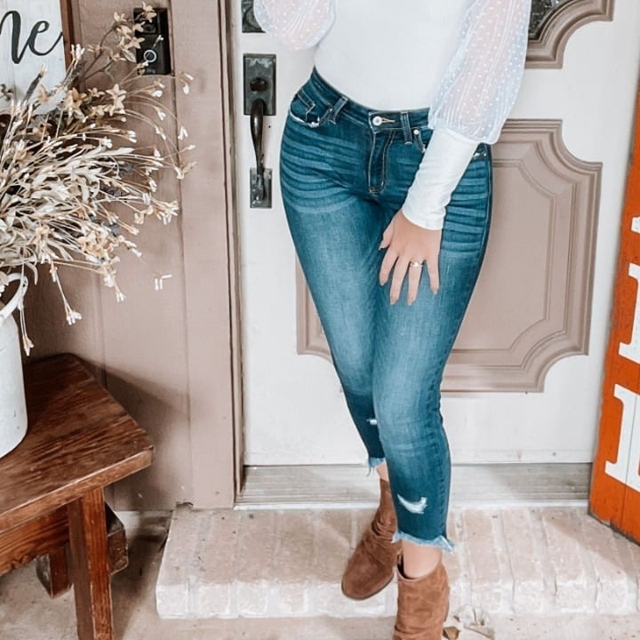 26 5 KANCAN KC8395D Dark Wash Shark Bite Hi Low Skinny Jeans