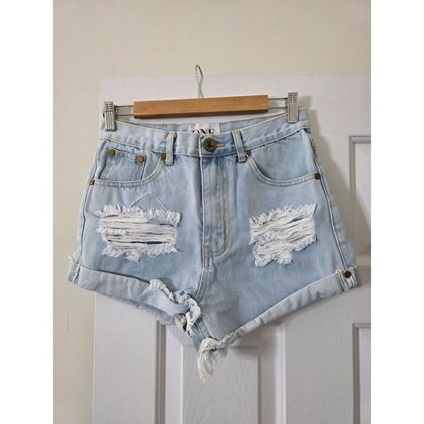 One Teaspoon High Waisted Denim Distressed Shorts 24