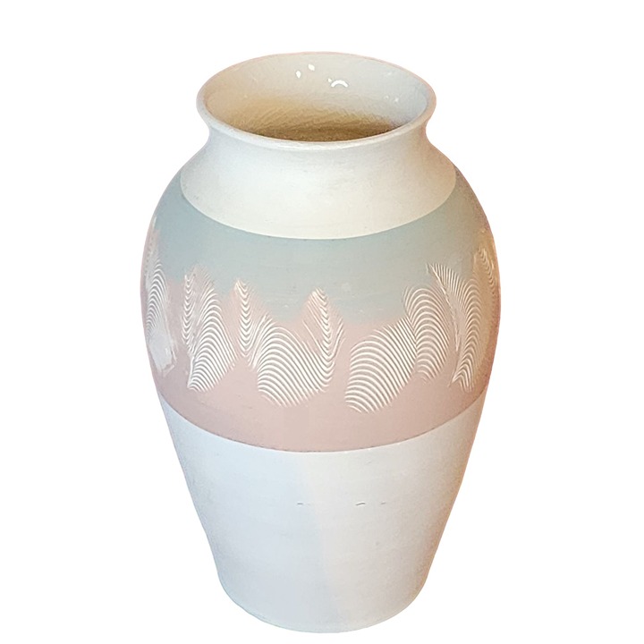 Bermuda Art Pottery Vase Urn White Blue Rose Ombre Bold Strip Glazed Interior