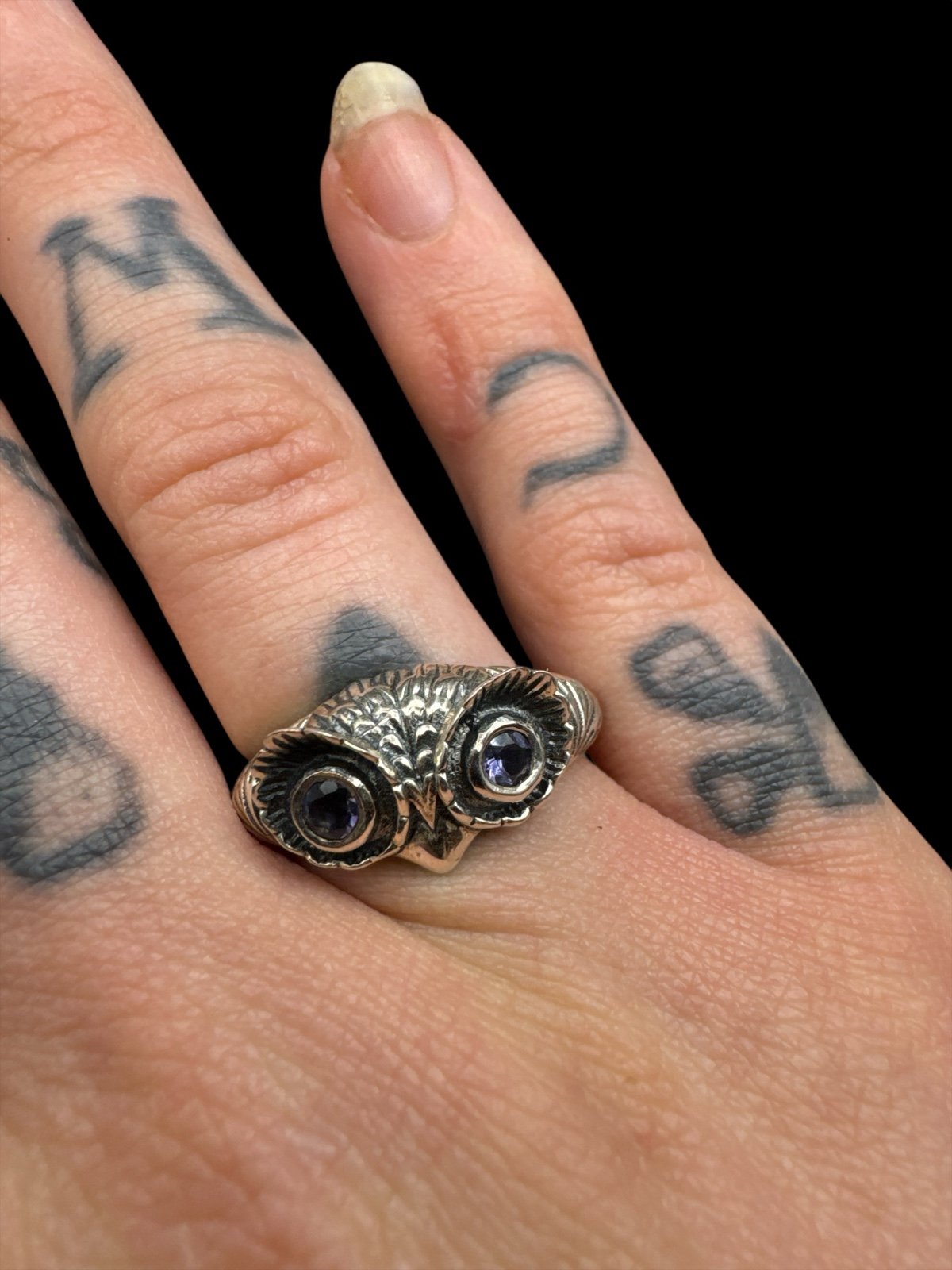 Vintage Amethyst Sterling Silver Owl Ring size 9 JA 925