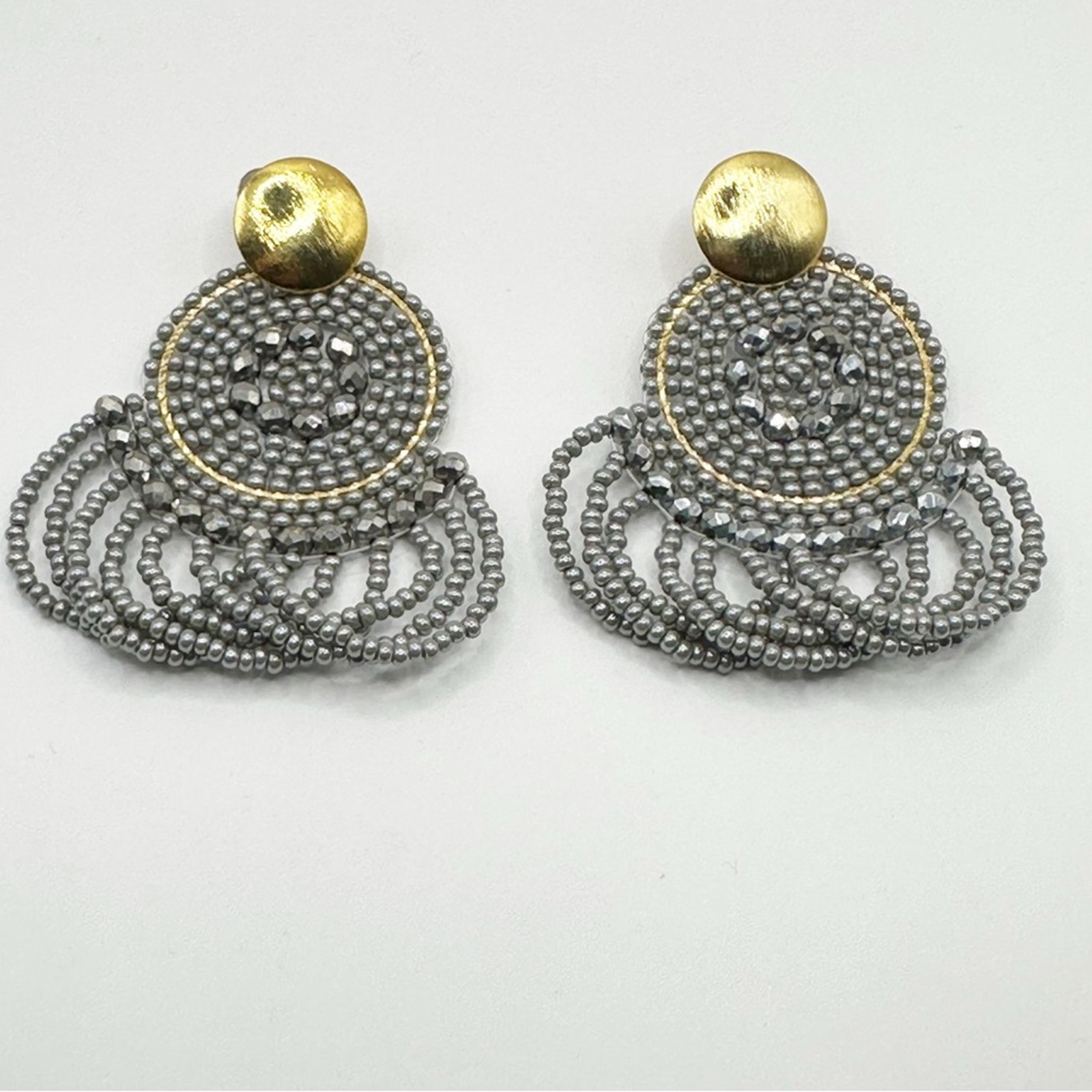 Gray Gold Beaded Seed Bead Casual Pierced Earrings Western Coastal Cowgirl
