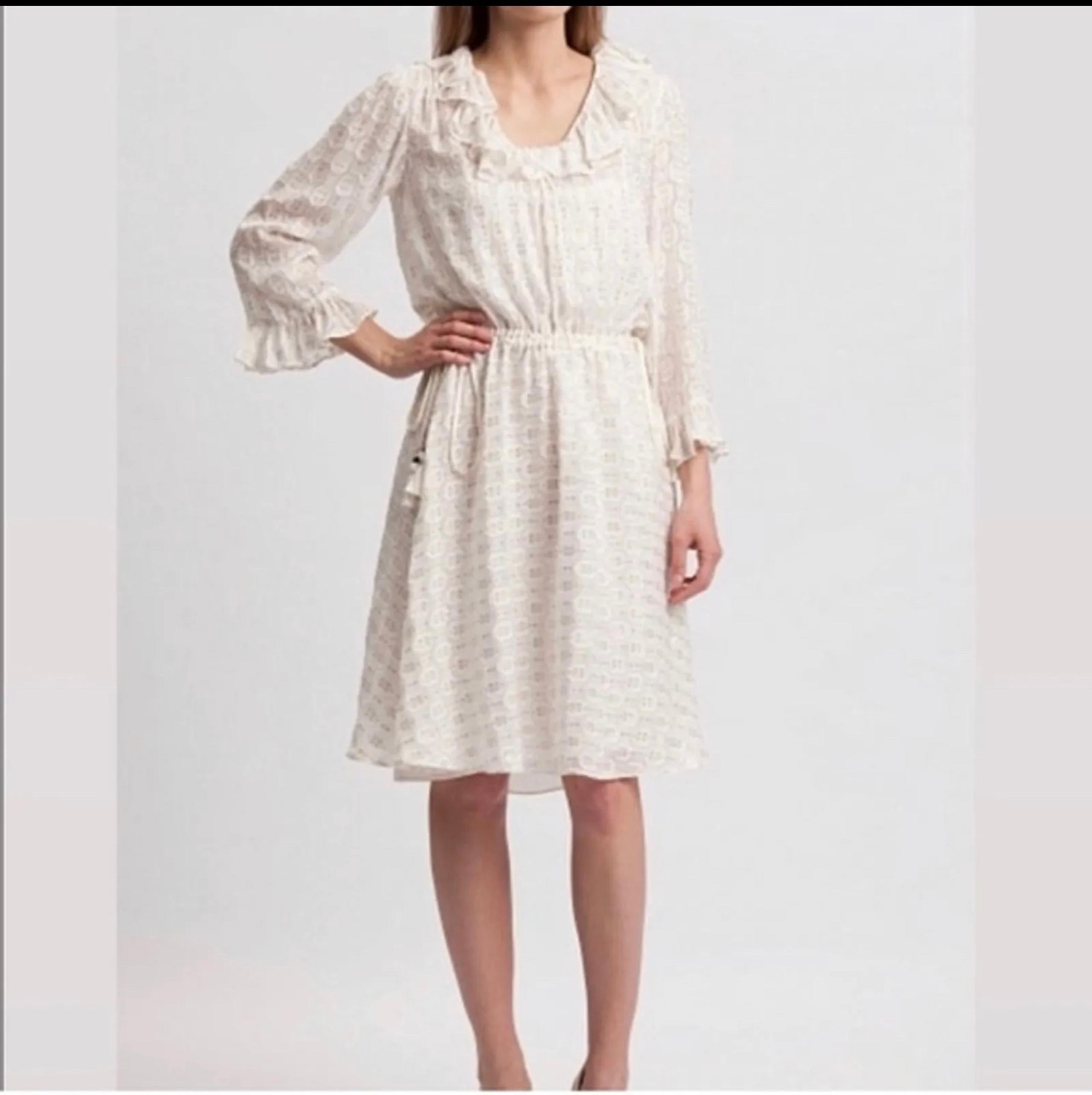 Tory Burch Ivory Metallic Gold Jasmine  Silk Blend Ruffle Dress Sz 8 $495
