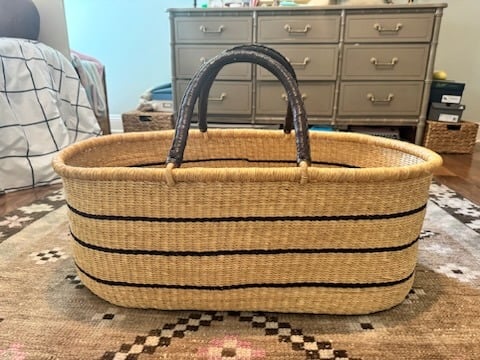 Woven Baby Bassinet / Moses Basket / Cream, black stripe, leather handles