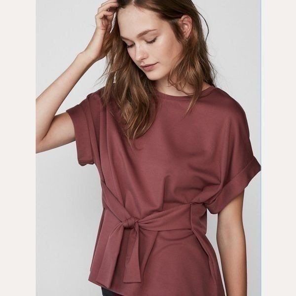 Express Tie Waist Roll Sleeve Blouse Pink Small