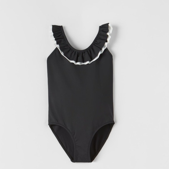 NWT. Zara Kids Black Contrasting Ruffled Swimsuit. Size 11-12.