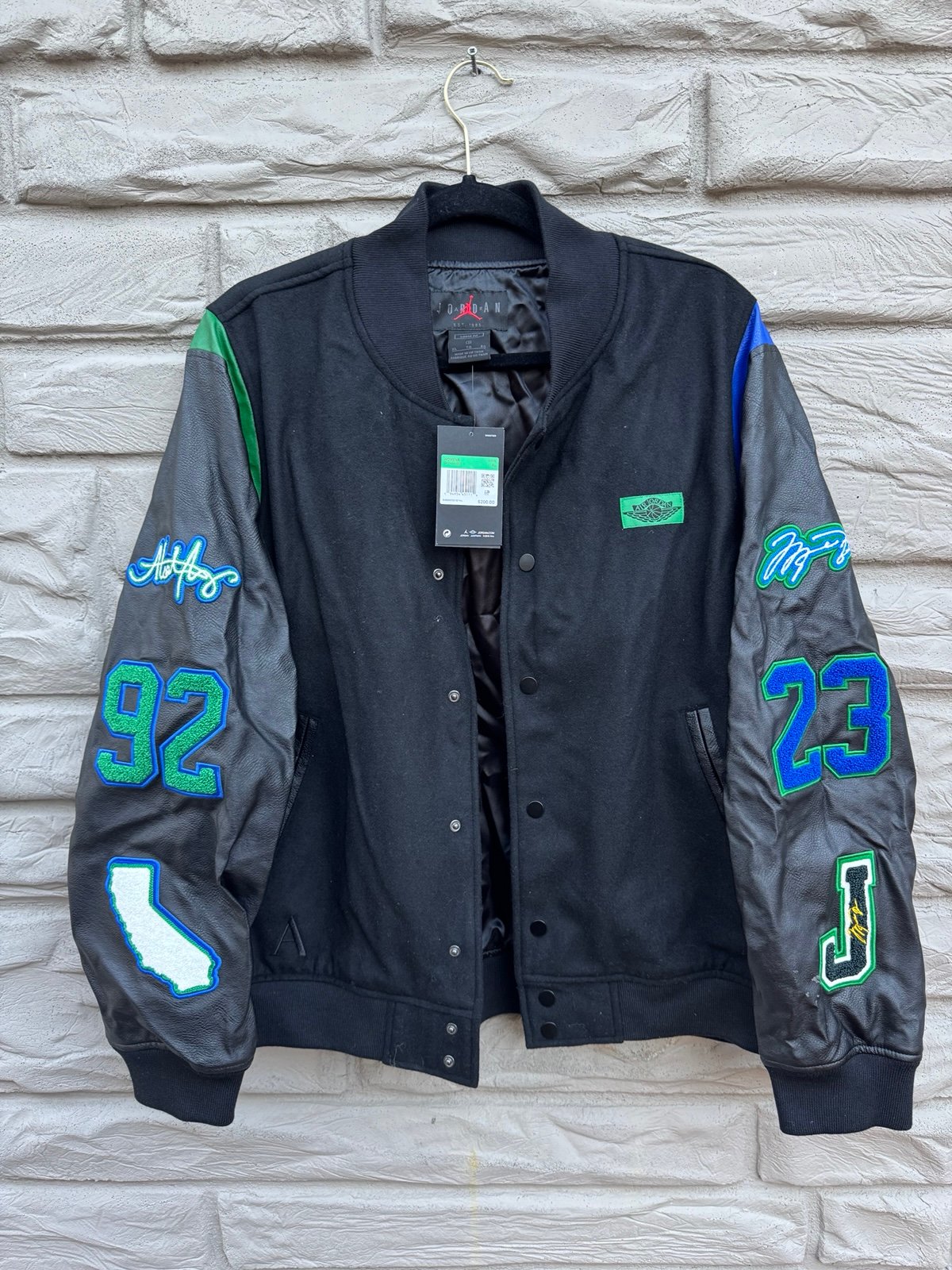 NWT Nike Air Jordan Leather Varsity Letterman Jacket Black UNC 23 Chicago bulls
