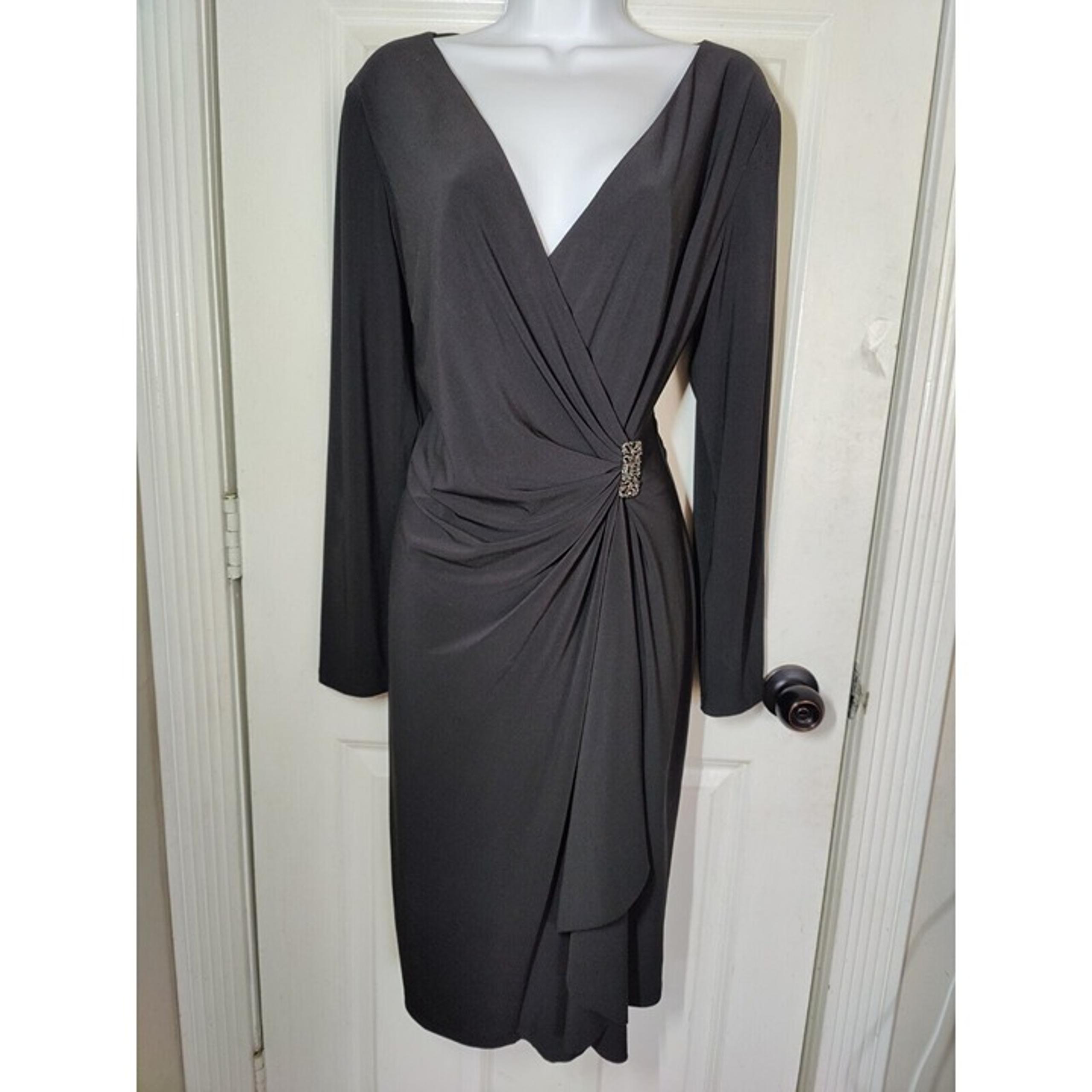 American Living Black V-Neck Faux Wrap Dress Midi Stretch Dress LS 16