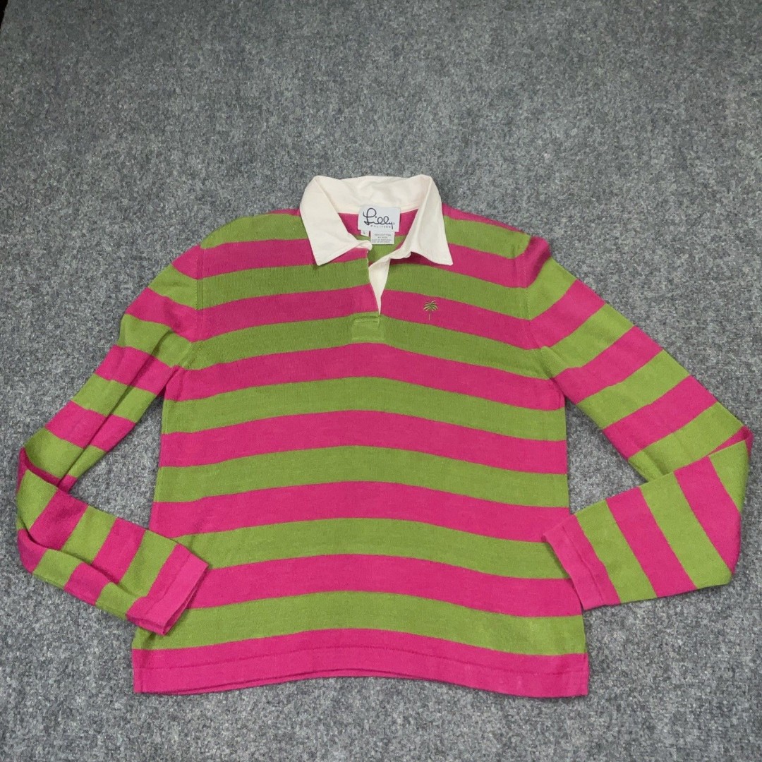 Lilly Pulitzer Sweater Womens Size L Pink Green Striped Preppy Knit Casual