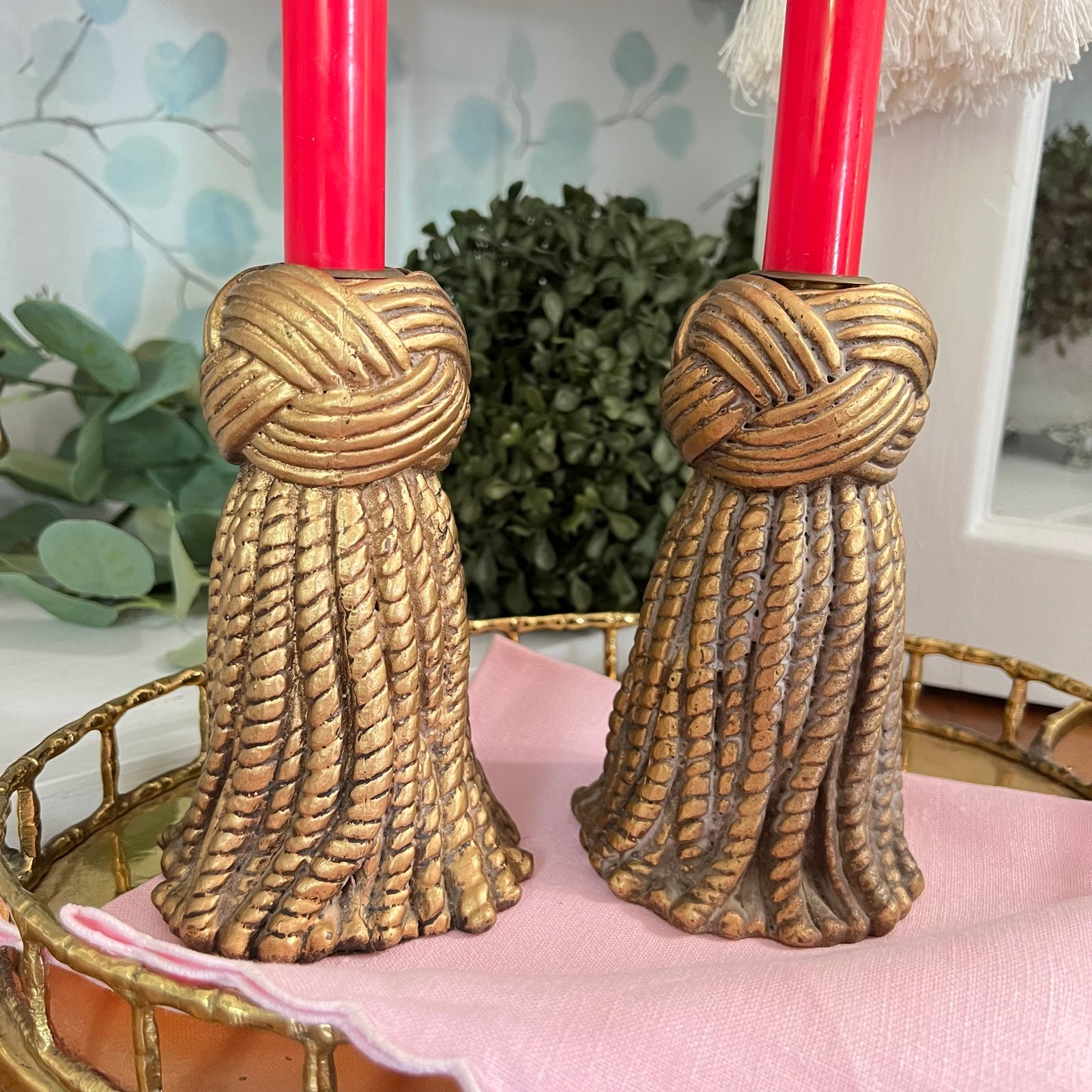 Gorgeous Vintage Braided Gold Tassel Taper Candle Holder Pair - AS-IS
