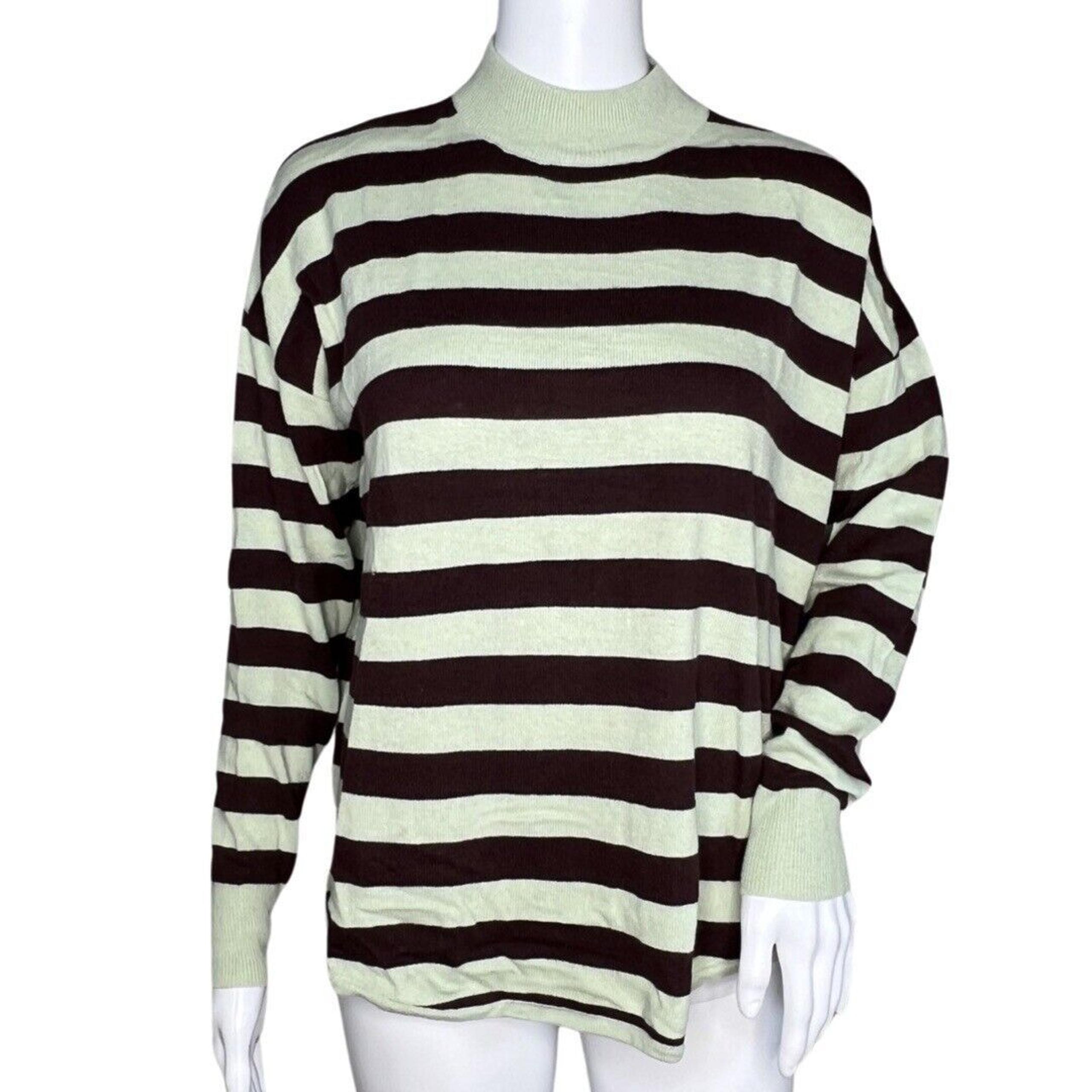 Madewell Sweater Womens Small Green Brown Stripe Ashbury Mockneck Casual Preppy