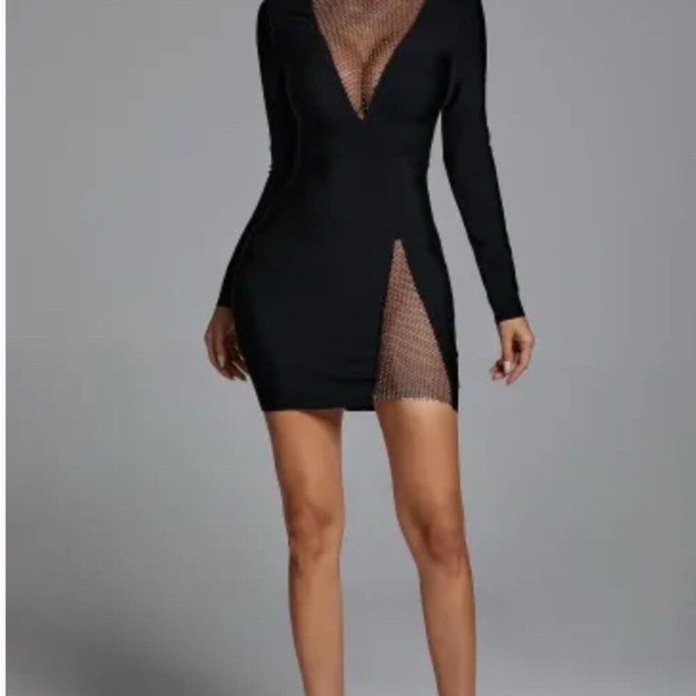 Bella Barnet black Bodycon Dress with Plunge Neckline and Slit