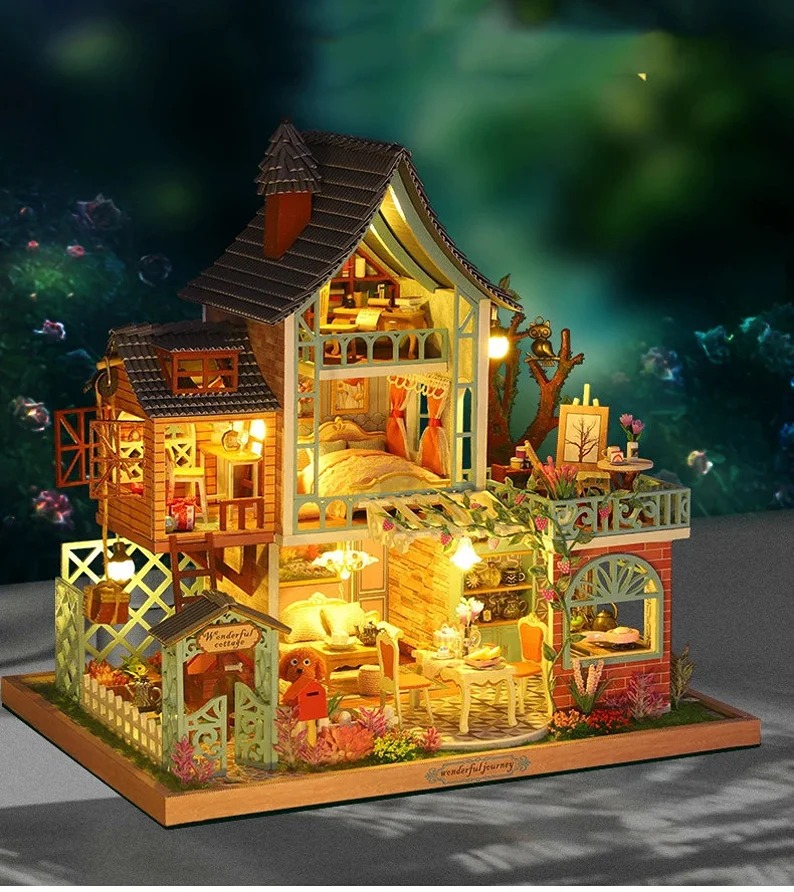 DIY Wooden Doll House Jungle Resort Miniature Building Kits With Dollhouse Furni