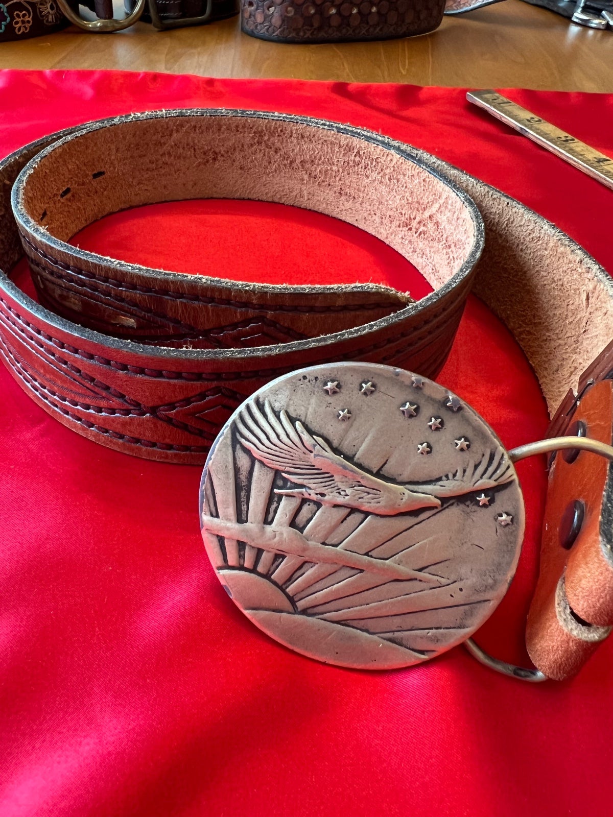 Leather belt with brass buckle eagle