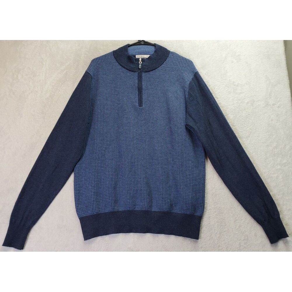 Peter Millar Golf Sweater Mens Medium Blue Houndstooth Wool Long Sleeve 1/4 Zip