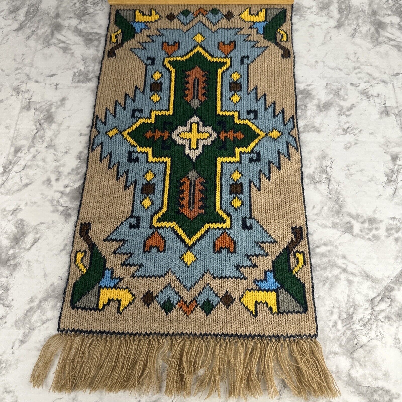 Vintage Handmade Knit Wall Hanging Tapestry Fringe Trim 20 x10