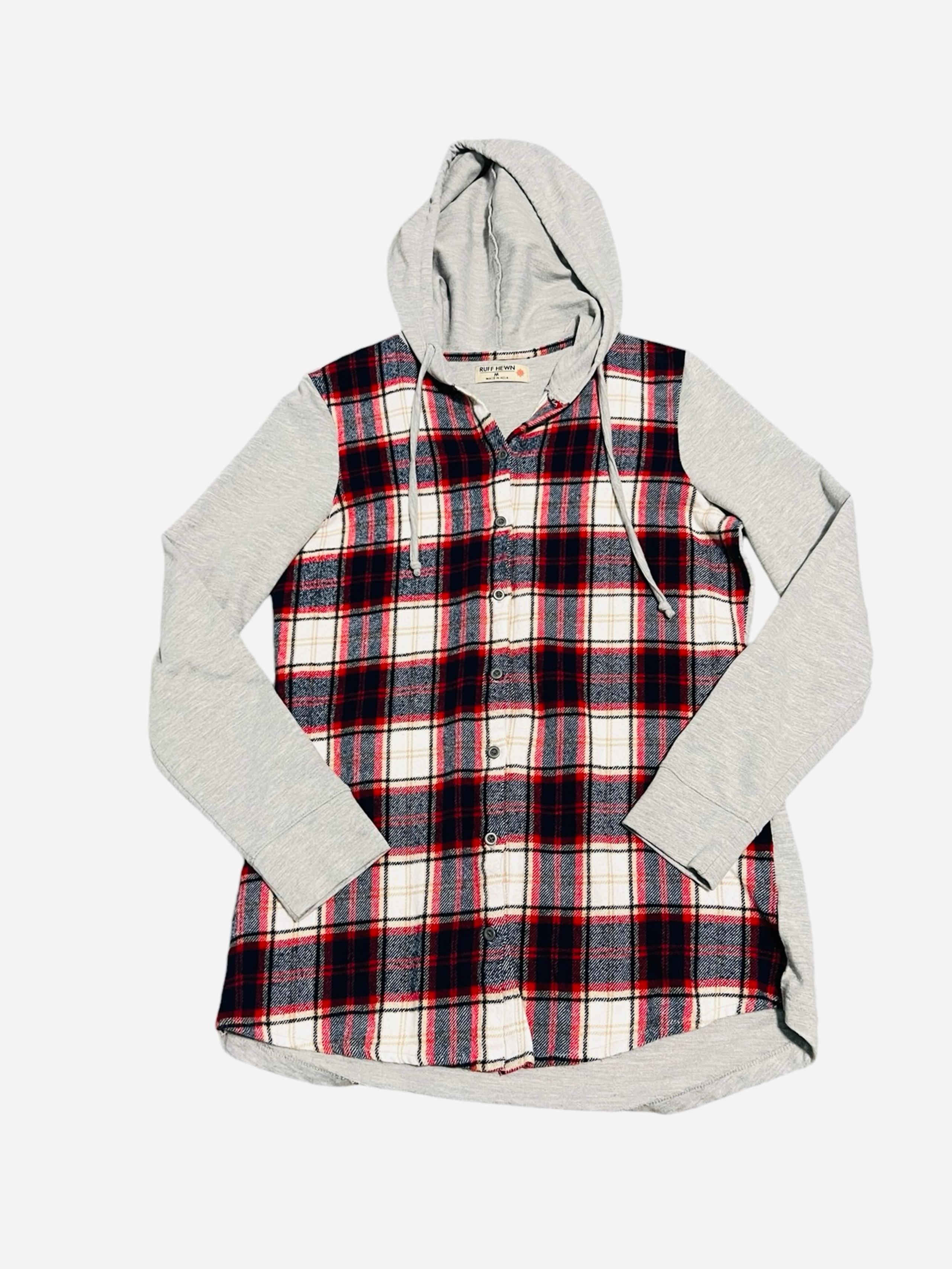 Ruff Hewn Gray & Plaid Button Up Hooded Sweatshirt Size Medium