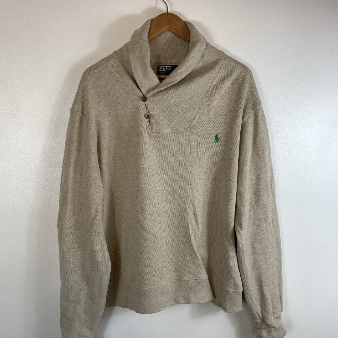 Ralph Lauren Polo Men’s Gray / Beige Pullover Buttons Sweater Size XL Ribbed