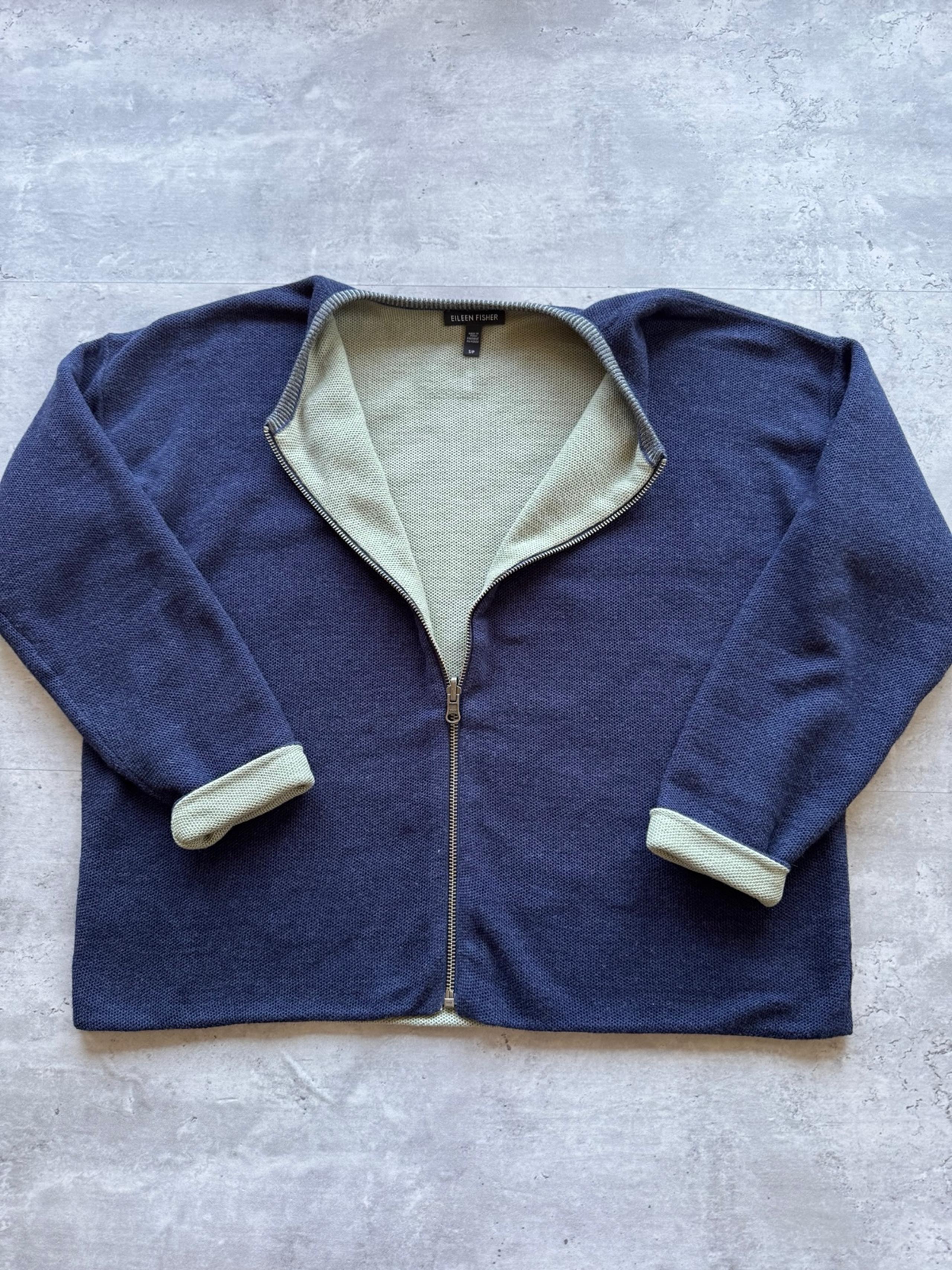 Eileen Fisher Organic Cotton Zip Up Round Neck Cardigan Jacket, Navy, Small
