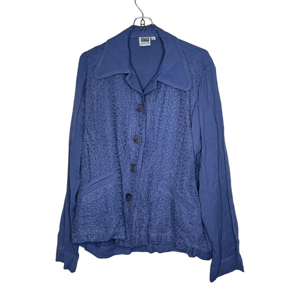 Johnny Was Womens Jacket Front Button Textured Faux Pocket Longsleeve Blue Small