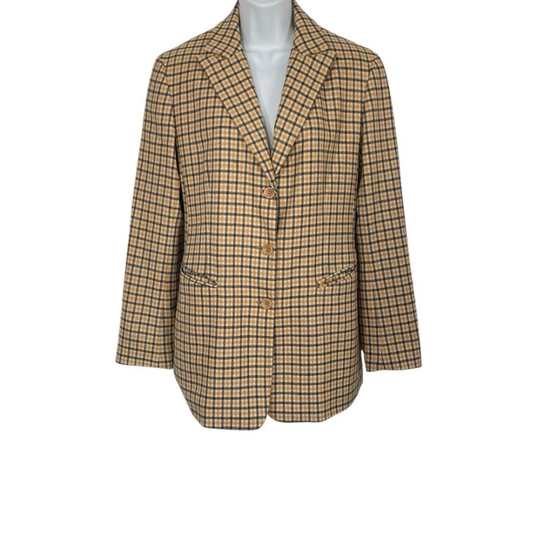 Lafayette 148 New York Cashmere Tan Yellow and Black Plaid Blazer Button Closure