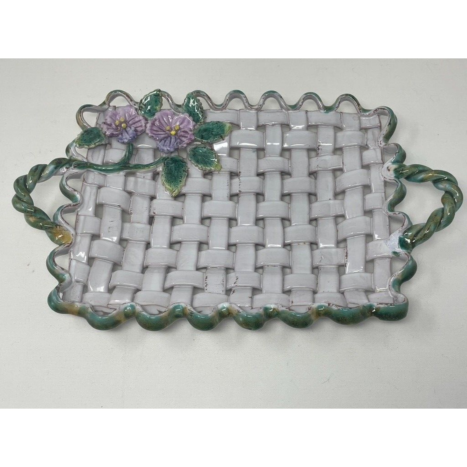 Italian Majolica Weave Ceramic Decorative Tray Floral