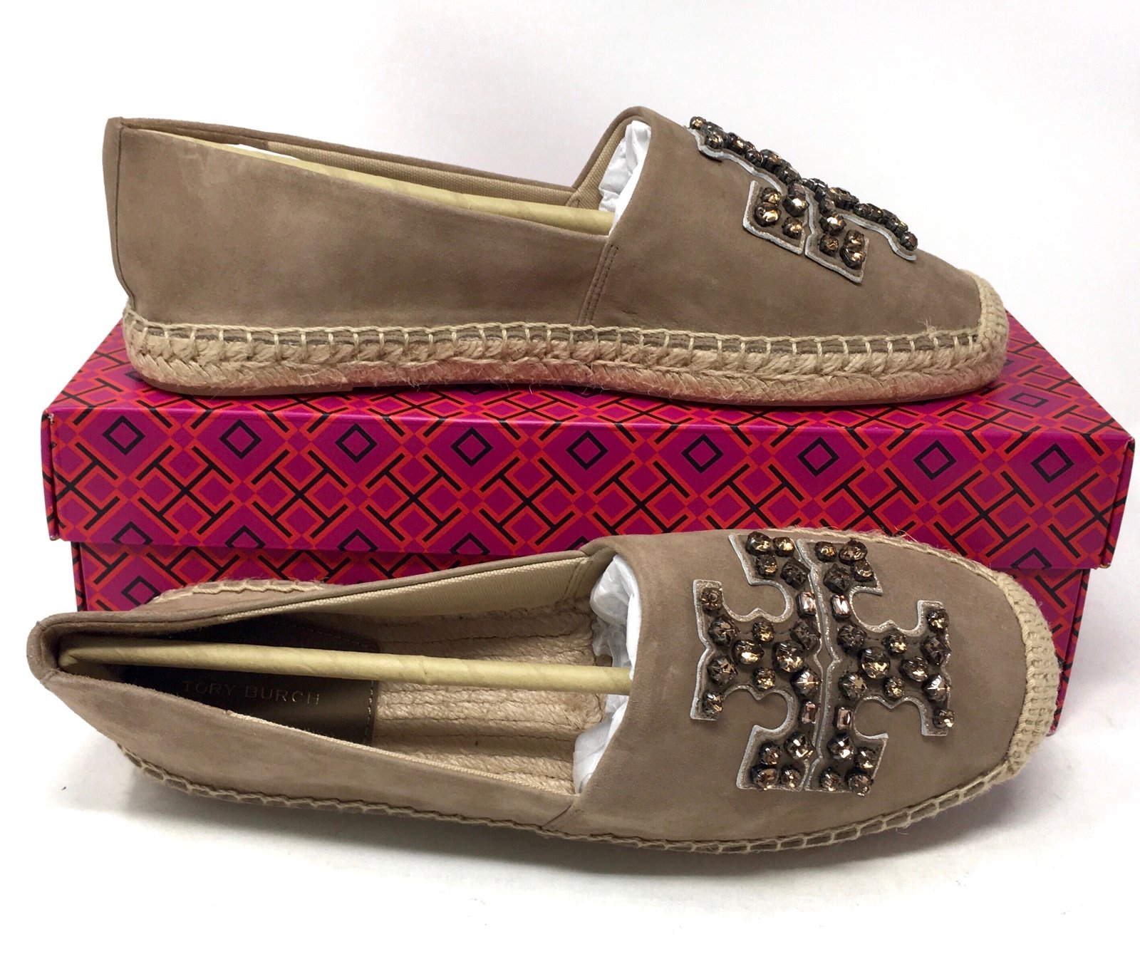 Tory Burch Embellished Suede Jewel Espadrille Almond Flour, Sz 7.5