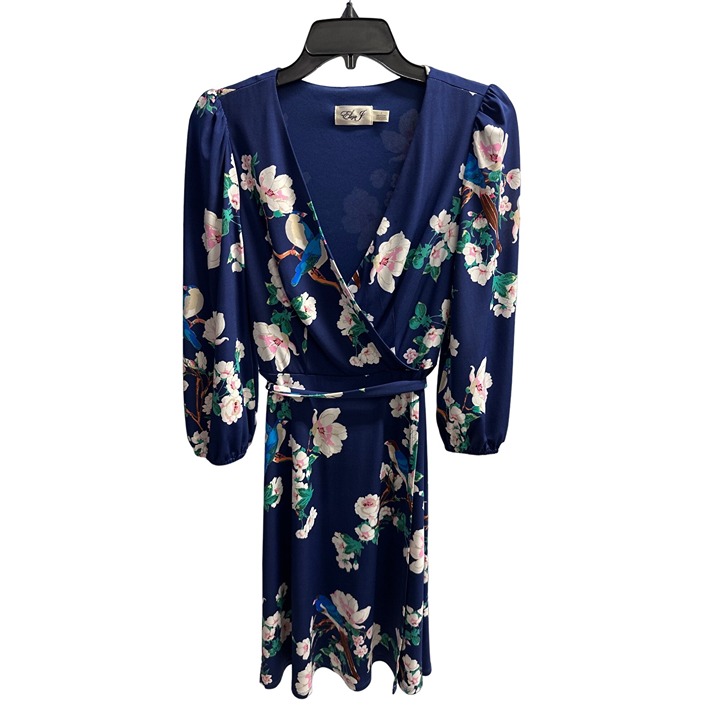 Eliza J Blue Floral/Bird Print Faux Wrap Tie-Front Dress 2