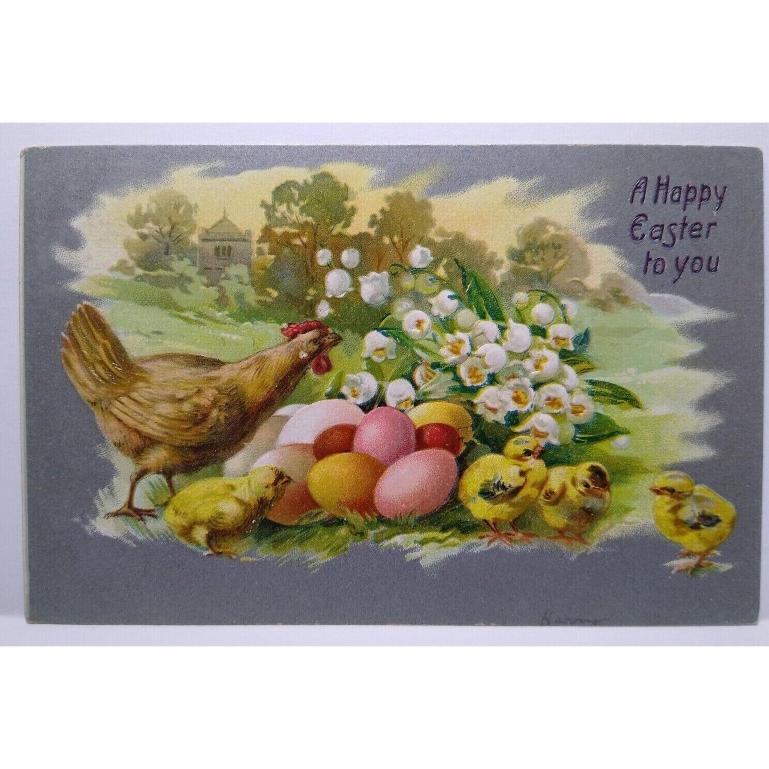 Easter Postcard Chicks Hen Rooster Tucks 707 Church Lilies Of The Valley Vintage