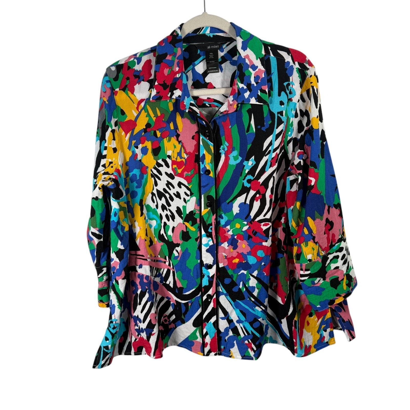 Ali Miles Geometric Button Front Blouse Artsy Boho Lagenlook Top Womens PXL