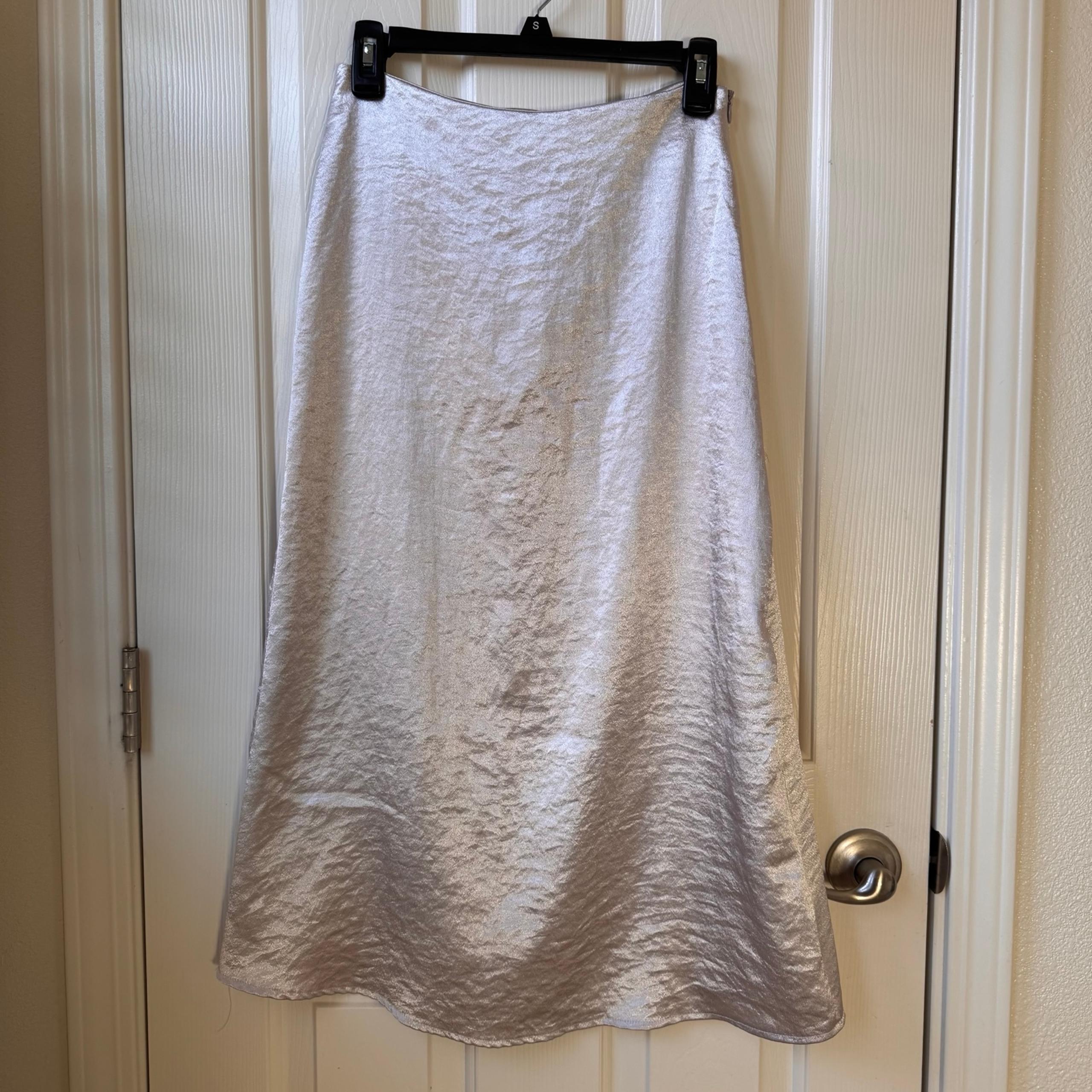 Zara Textured Metallic Silver Satin Midi Skirt A-line Pull On Women Medium