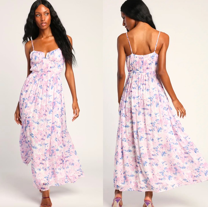 NWOT LULUS Total Darling Pink Multi Floral Print Notched Bustier Maxi Dress