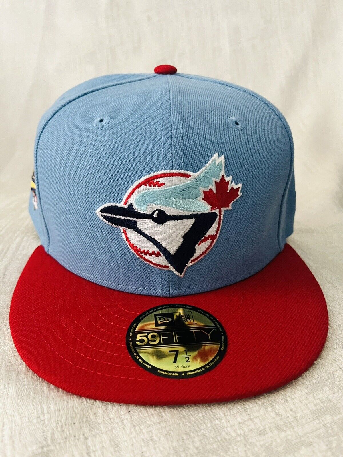 New Era Toronto Blue Jays World Series Patch 59Fifty 5950 7 1/2 Hat Cap Sky Blue
