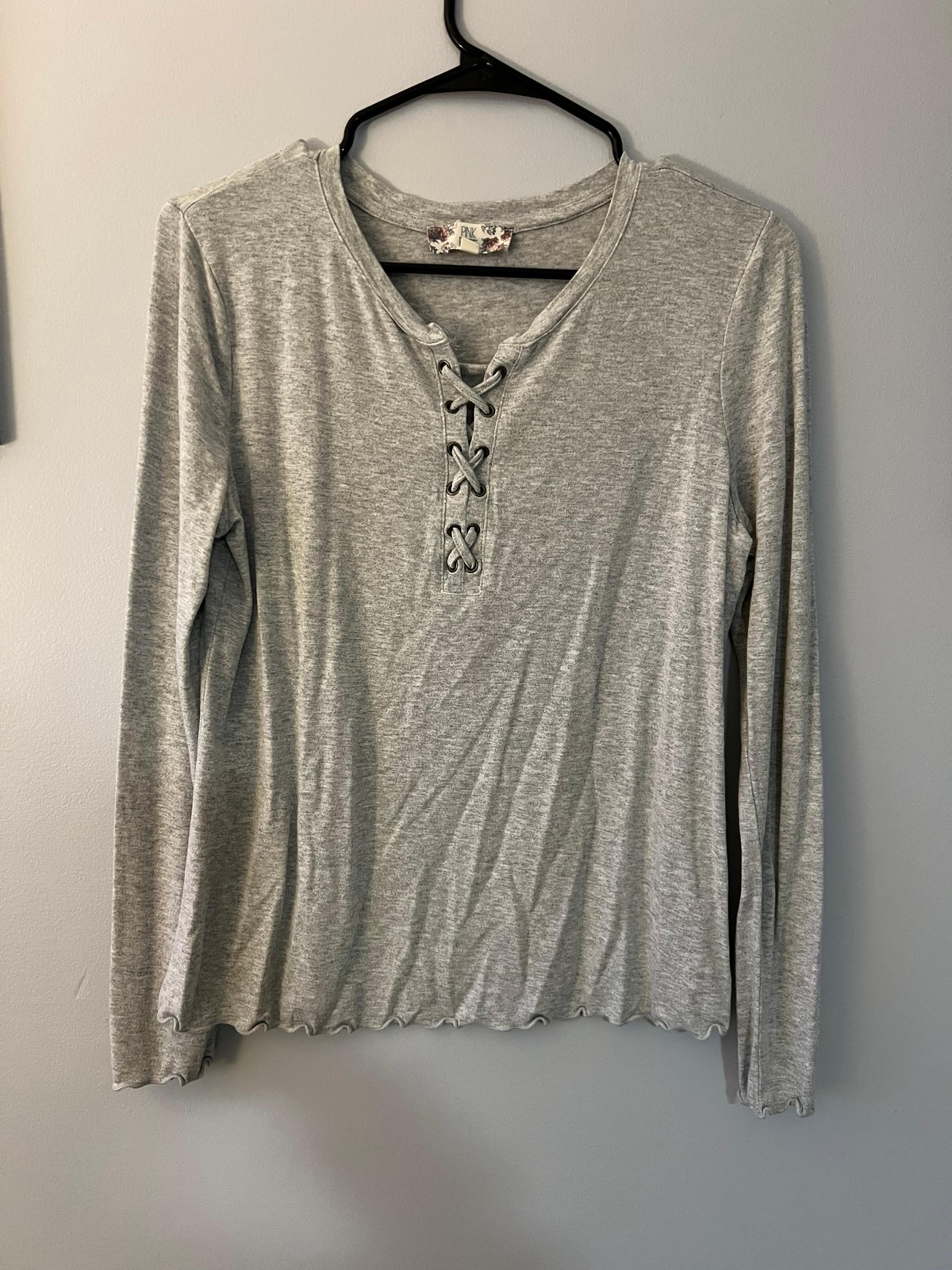 Gray Lace Up Long Sleeve Top
