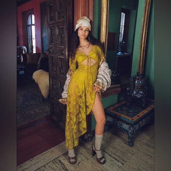For Love and Lemons Tiana MIDI Dress Yellow Lace XS