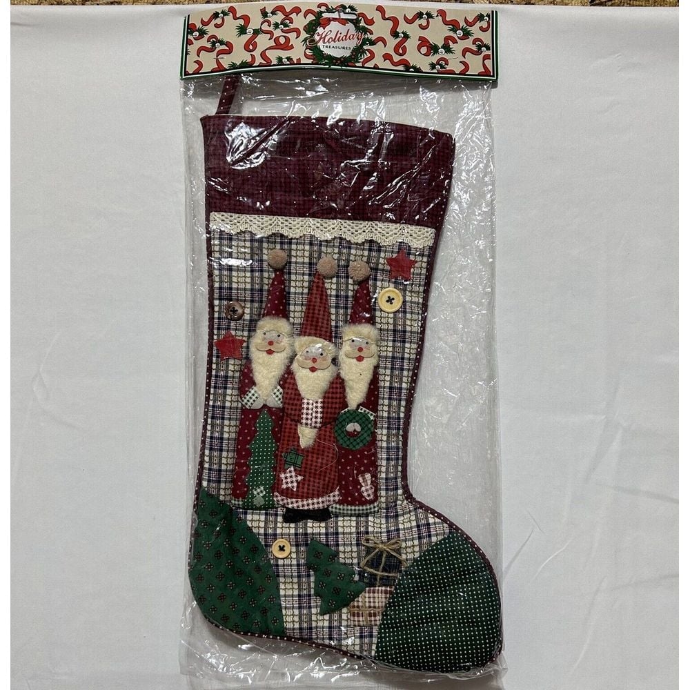 Vintage Christmas Stocking Dimensional Texture Santa Clause Plaid Pattern New