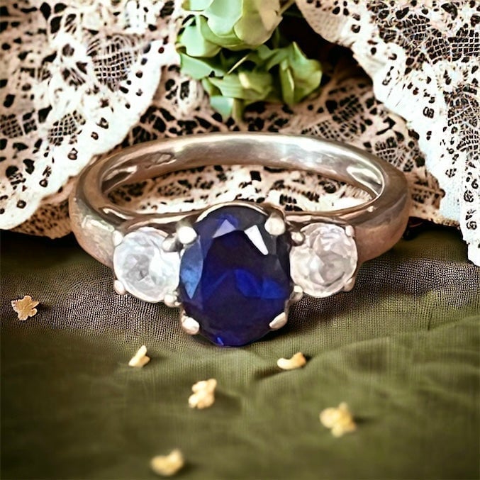 Mid-century Diamond and Blue Gemstone Sterling Silver Trilogy Ring, Size 5.5