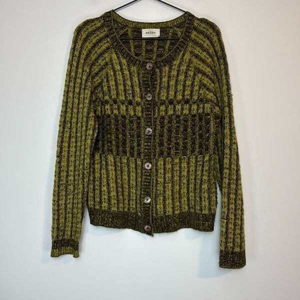 BRORA Marl Cardigan 100% Scottish Cashmere Treacle/Chartreuse UK 12/14 US 8/10