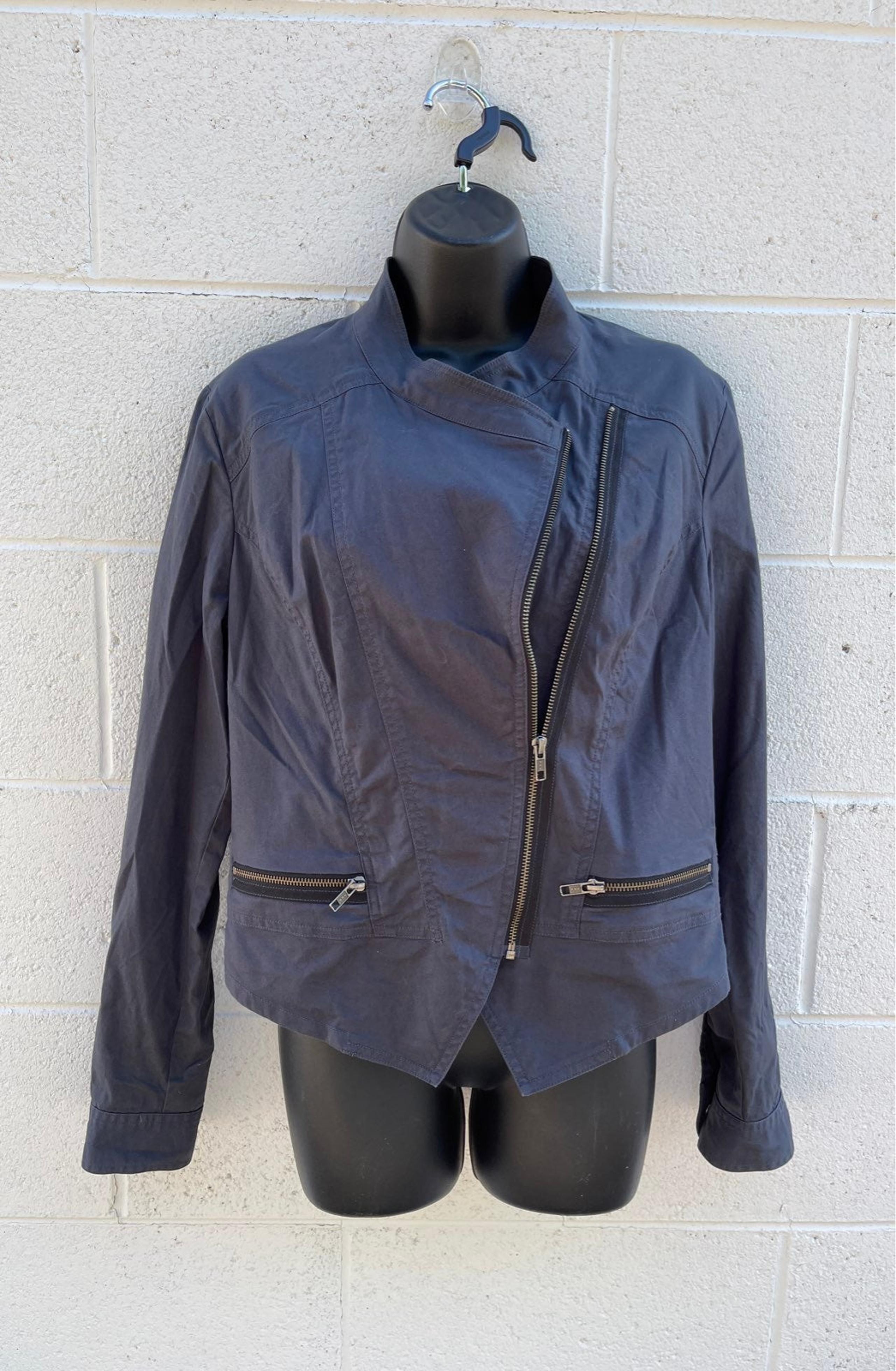 CAbi Gray Blue Jacket Twilight Assemetrical Moto Women’s sz Medium Cotton Blend