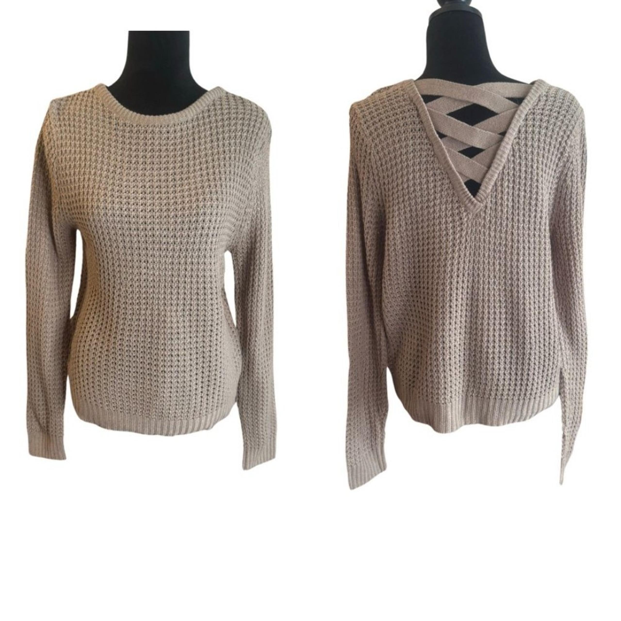 Ambiance Apparel Women’s Lace Up at the Back Brown Knit Pullover Sweater Large