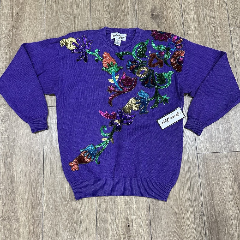 Vintage 80s Christine Gerard Sweater Purple Sequins Sz M - Brand New
