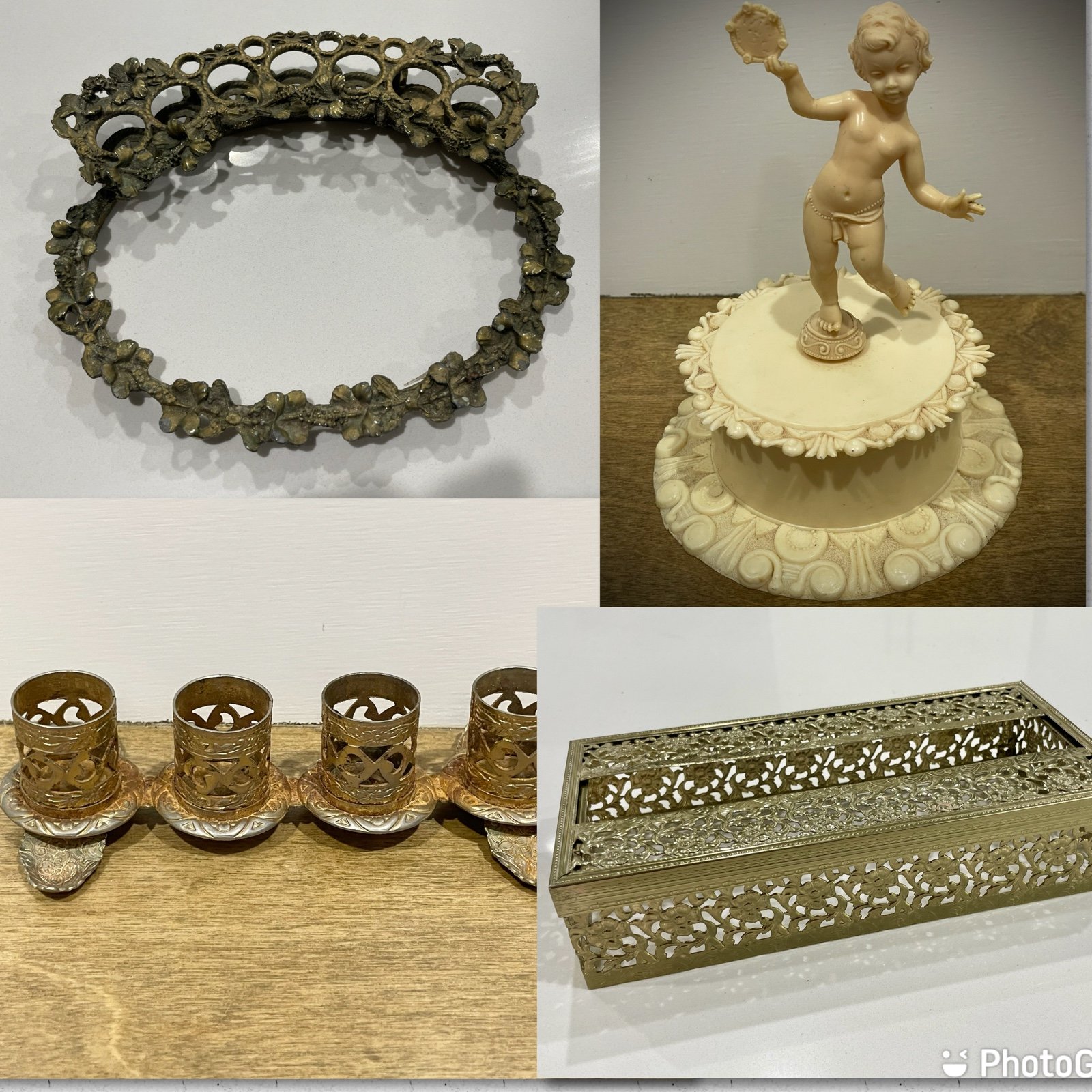 Vintage Boudoir Vanity Lot Lipstick Holders Cherub Trinket Box Tissue Gold Metal