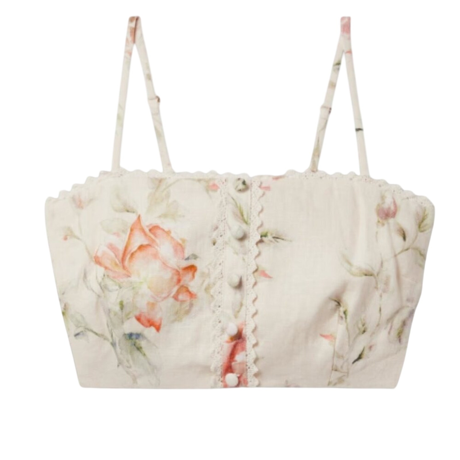LOVESHACKFANCY Emmalou cropped crochet-trimmed floral print linen top size 6
