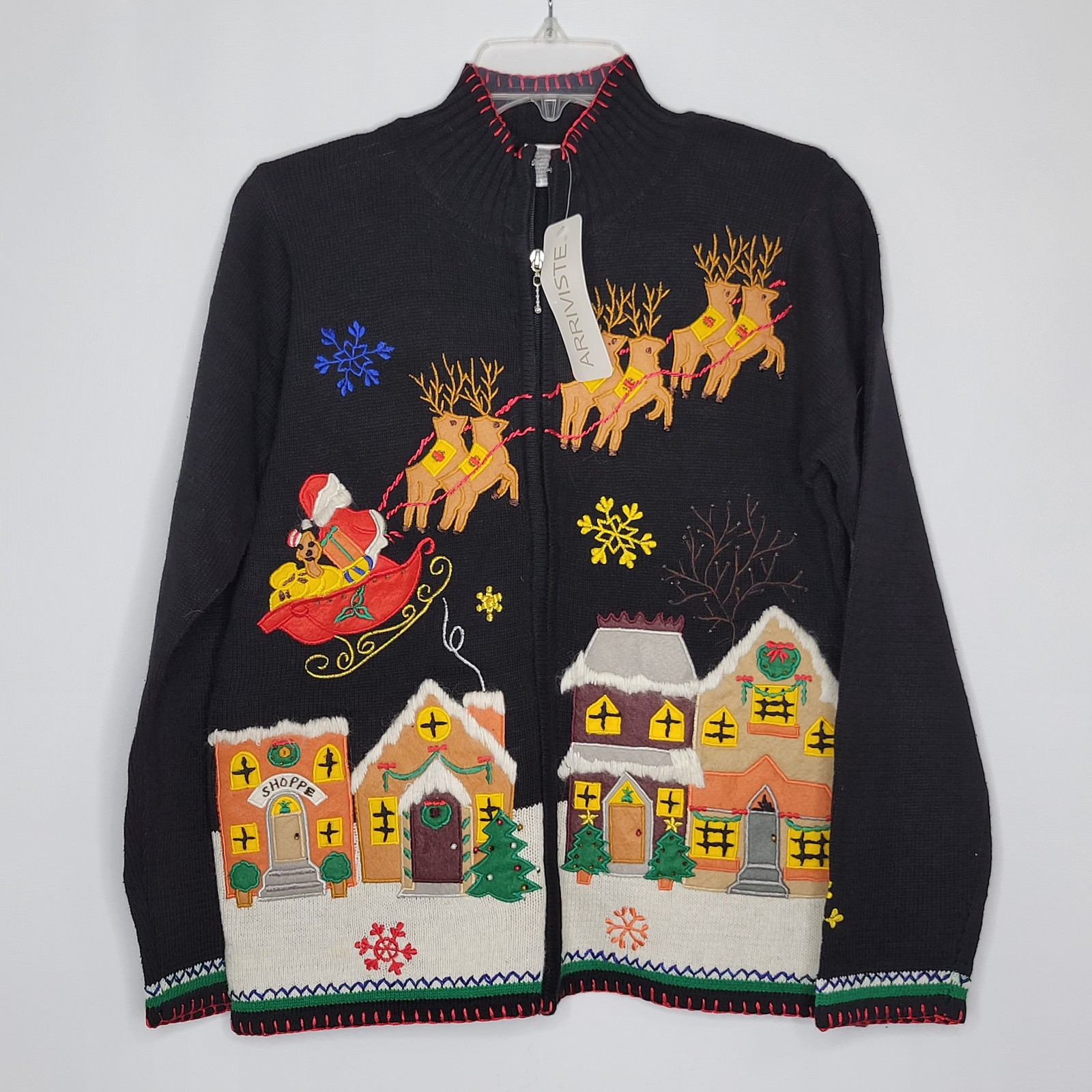 Vintage Arriviste Womens Black Zip Up Knitted Christmas Santa Sweater Small