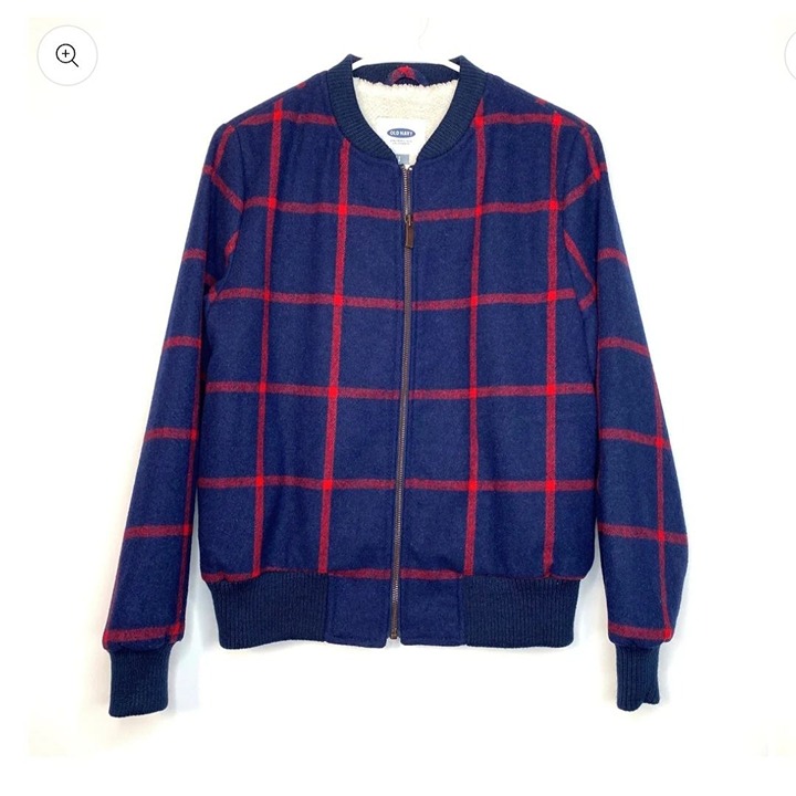 Old Navy NWT Blue Red Windowpane Plaid Wool Blend Zip Up Bomber Jacket Size M