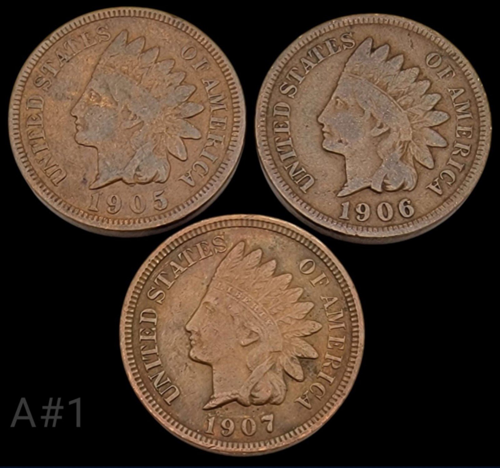 collectibles 3 Indian Head One Cent Coins from 1905, 1906, and 1907 (#1)
