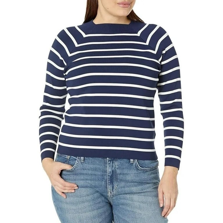 NWOT Women's Lauren Ralph Lauren Navy Cream Striped Mock Neck Sweater Size Large