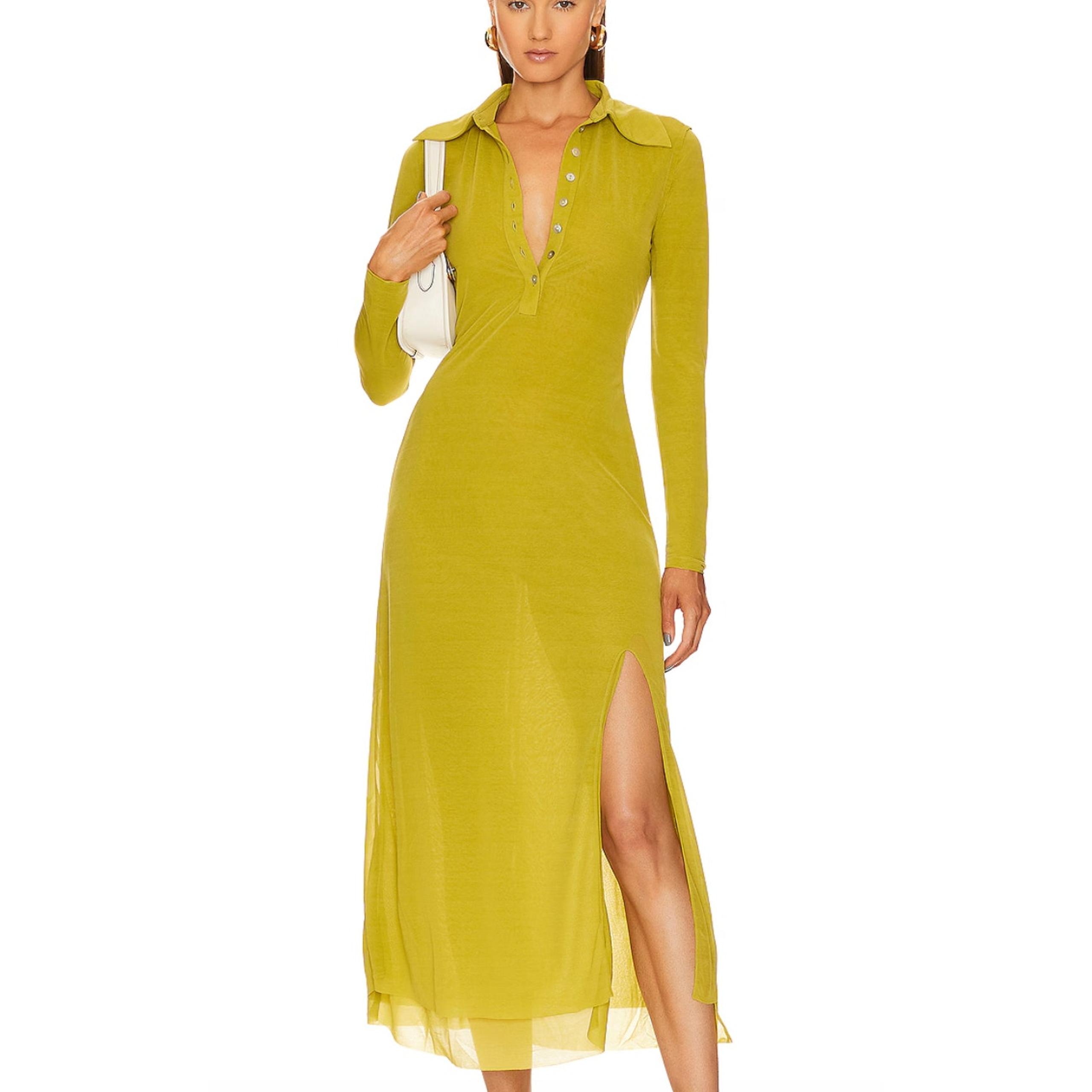 Song of Style Chartreuse Midi Shirt Dress SMALL Career Slit Designer $228 NEW